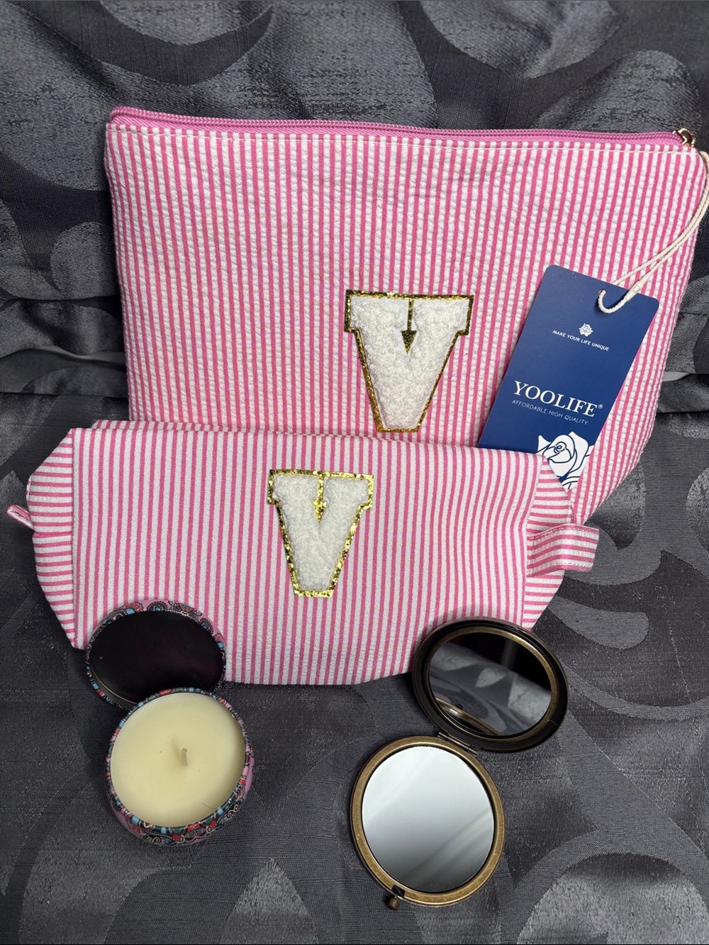 Pink Stripe Cosmetic Pouch Set w/Scented Candle & double Mirror Compact